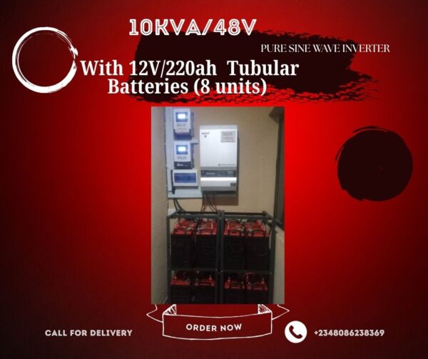 10Kva/48 solar inverter installation with 8 units of Tubular Batteries and 16 units of 450 watts solar panels