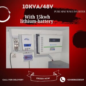 10Kva/48 solar inverter installation with 15KWH Lithium ion Battery and 16 units of 450 watts solar panels